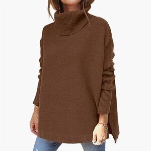 Turtleneck Oversized Sweater, Long Batwing Sleeve, Spilt Hem, Tunic Pull…